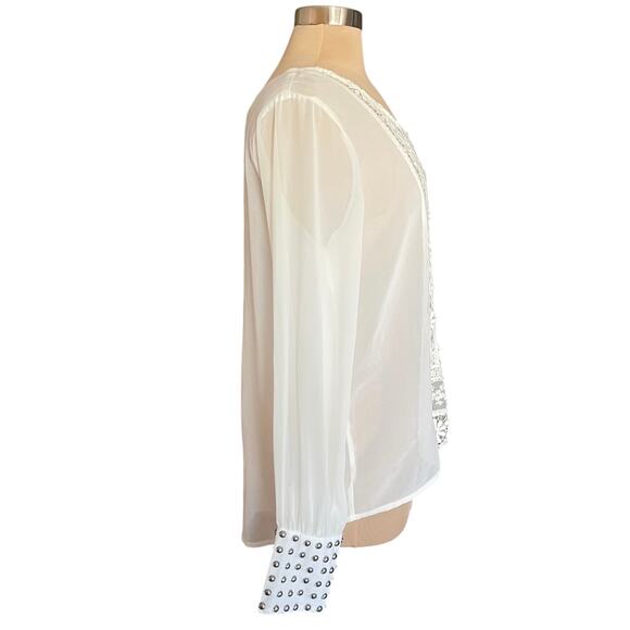 Double Zero Chiffon & Lace Sheer White Blouse Studded Cuffs Sz Large Feminine - Picture 4 of 10